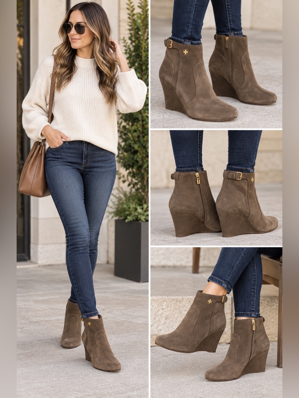 Tory Burch Lan Brown Leather‎ Milan Wedge Bootie Belted Gold Logo Shoe 7